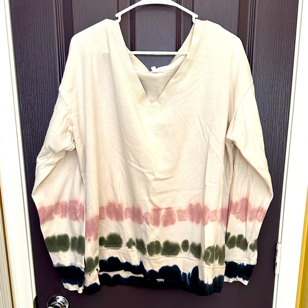 Maurice’s Tye Dye V Neck Long Sleeve Sweatshirt Cream w/ Blue Green Pink Size XL